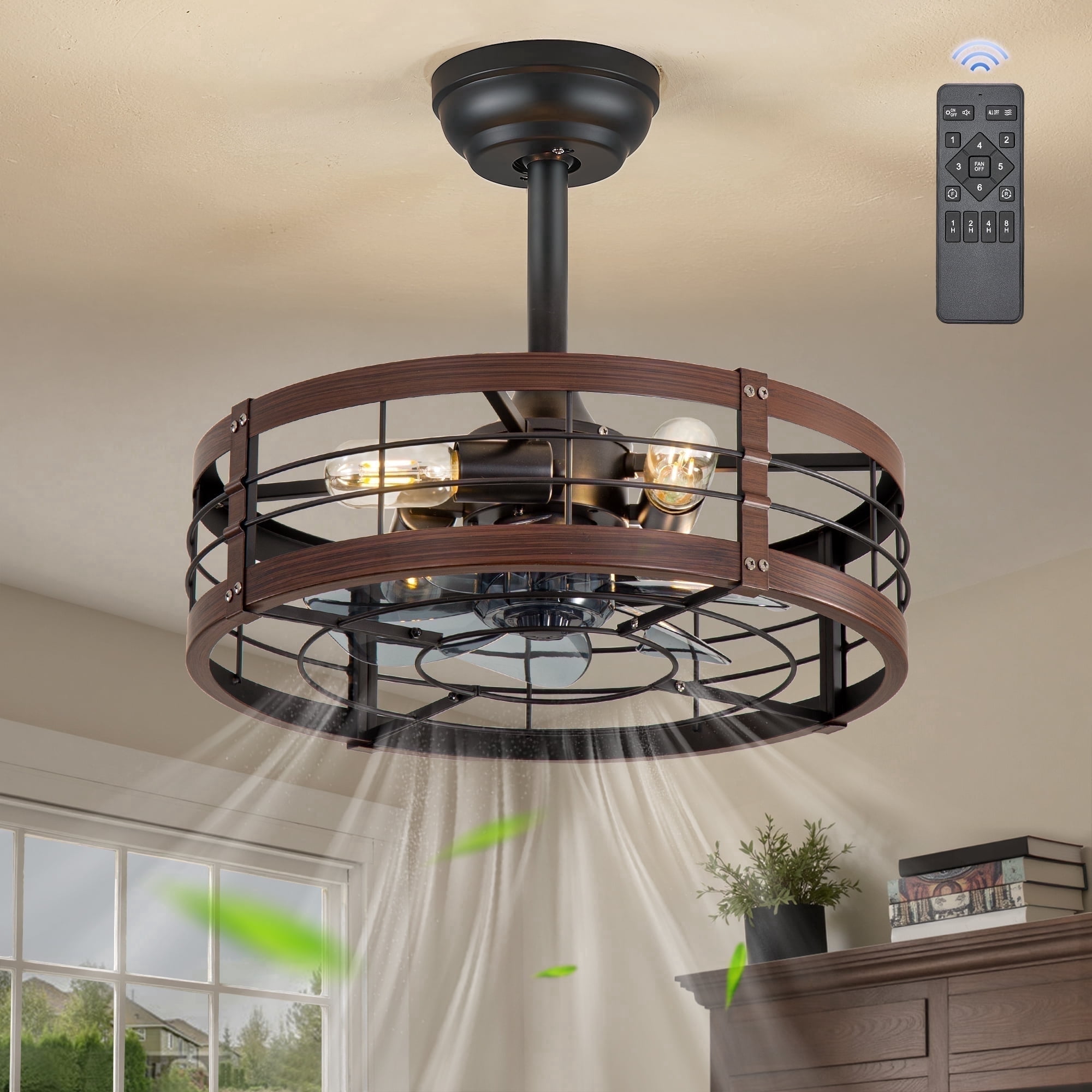 Zardon 18" Brown Antique Caged Indoor Ceiling Fan with Quiet DC Motor,  LED Lights, Remote Control, 6 Speeds