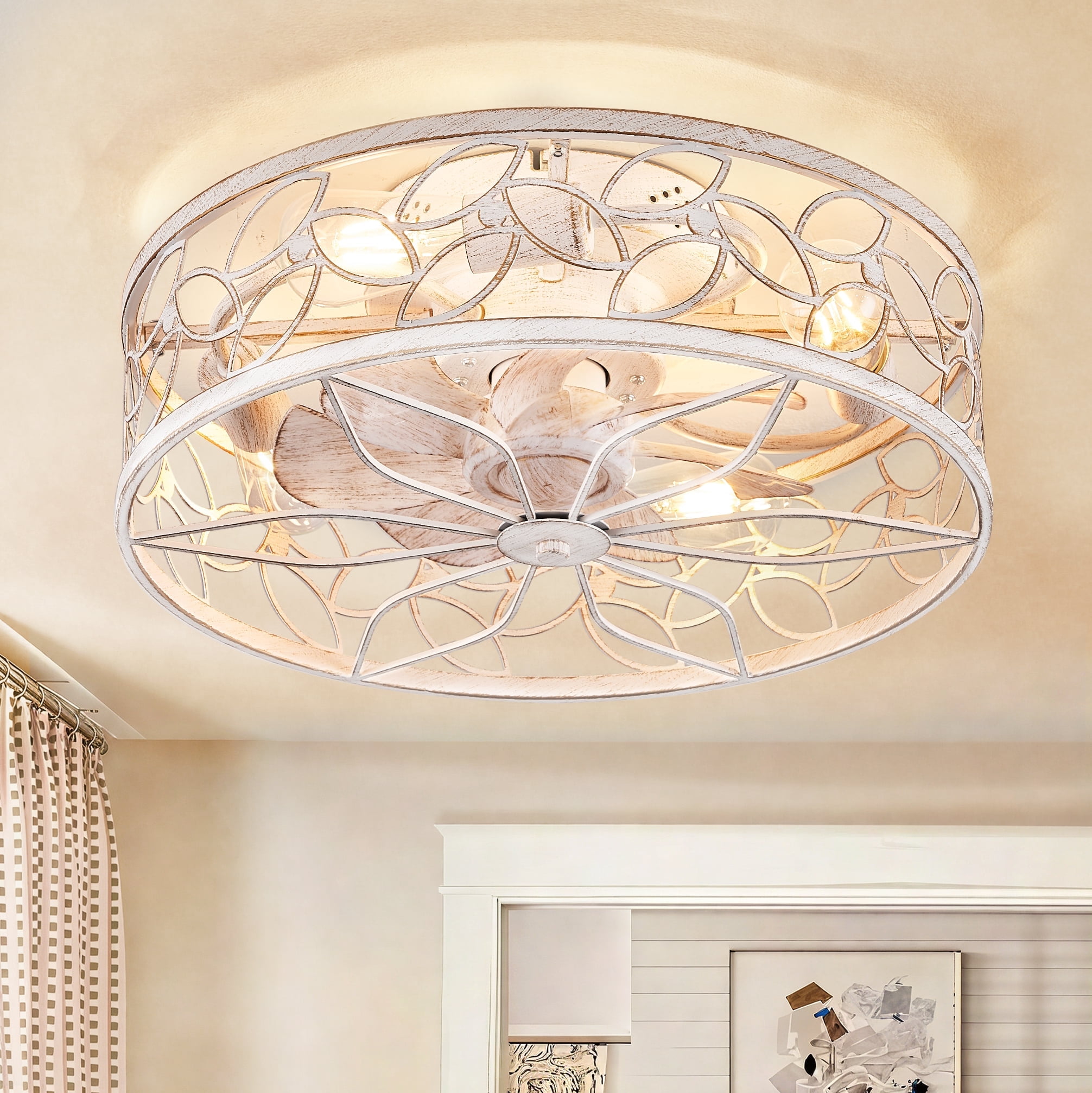 18" White and Gold Caged Ceiling Fan with LED Lights and Remote Control