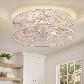 Zardon 18" White Gold Caged Ceiling Fan with Light and Remote Control - Flush Mount Low Profile DC Motor for Bedroom, Kitchen, Dining Room
