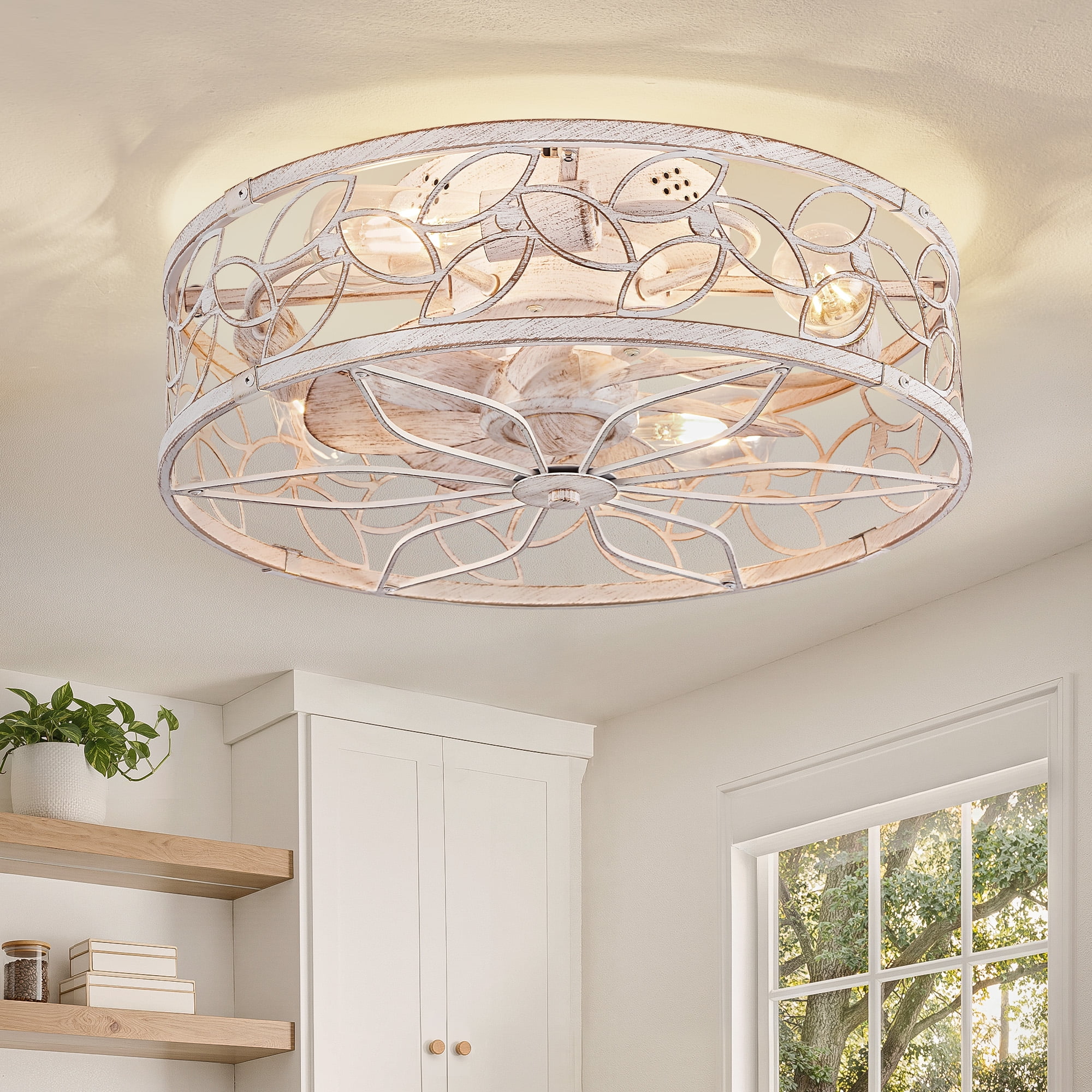 Zardon 18" White Gold Caged Ceiling Fan with Light and Remote Control - Flush Mount Low Profile DC Motor for Bedroom, Kitchen, Dining Room
