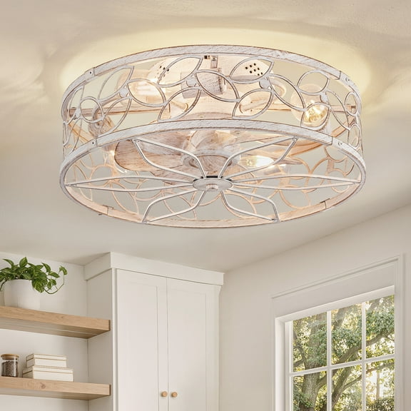 Zardon 18" White Gold Caged Ceiling Fan with Light and Remote Control - Flush Mount Low Profile DC Motor for Bedroom, Kitchen, Dining Room