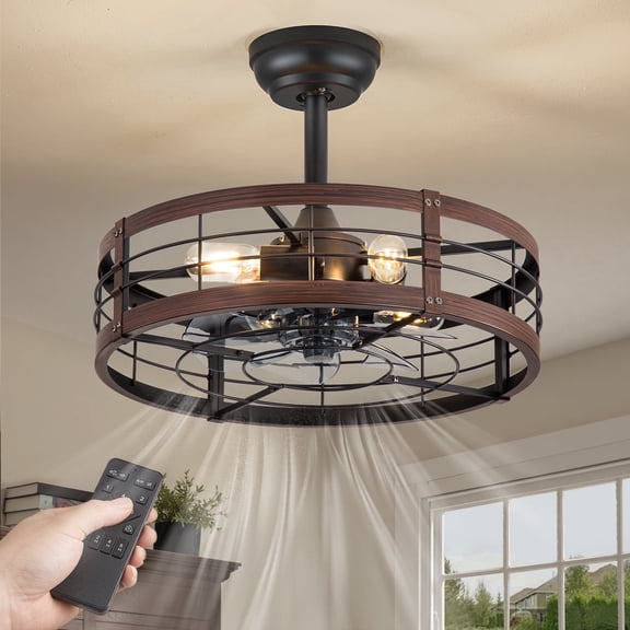 Zardon 20" Walnut Farmhouse Caged Ceiling Fan with LED Light and Remote, Reversible & Quiet DC Motor, 6 Speeds for Indoor