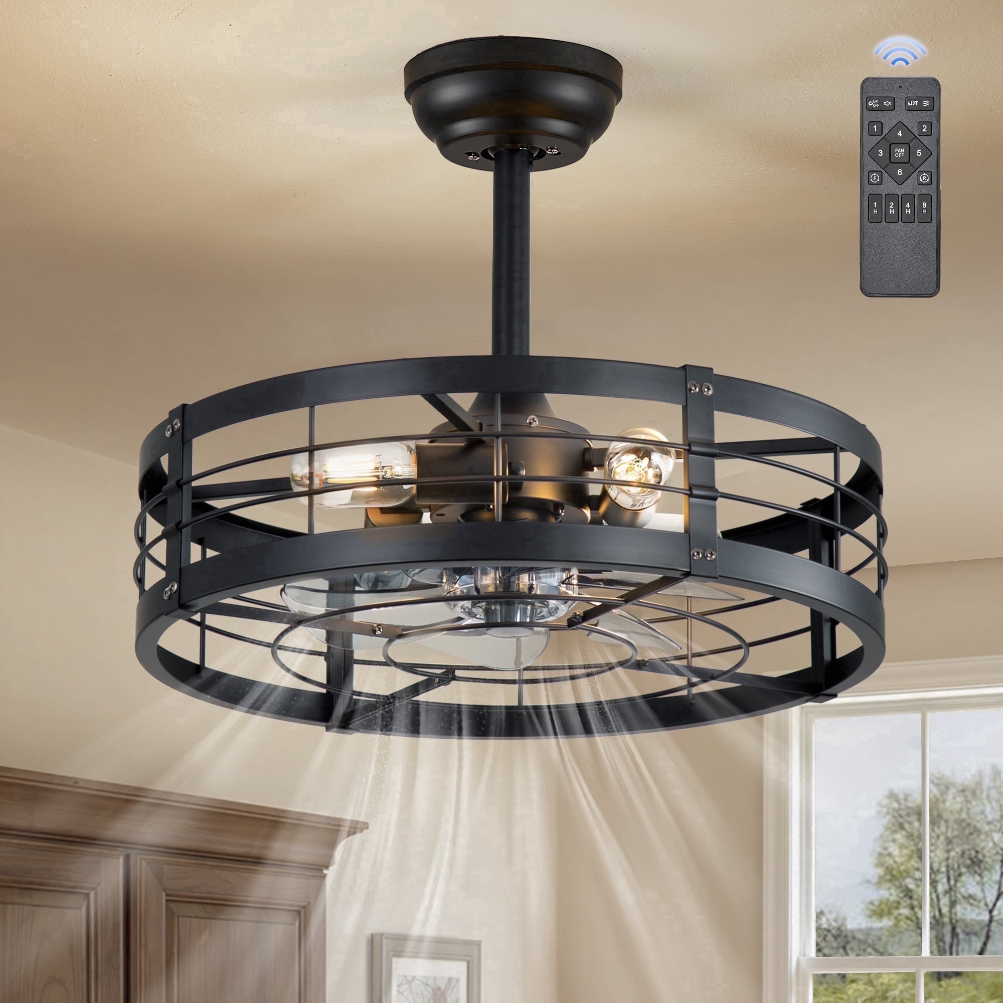 20" Black Farmhouse Caged Ceiling Fan with LED Light and Remote, Reversible & Quiet DC Motor, 6 Speeds for Indoor at Walmart