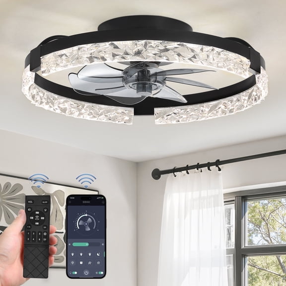 Zardon 20 Inch Flush Mount Ceiling Fans with Light, Remote & App Control, 6 Speeds and Quiet Reversible for Bedroom, Living Room, Kitchen, Black