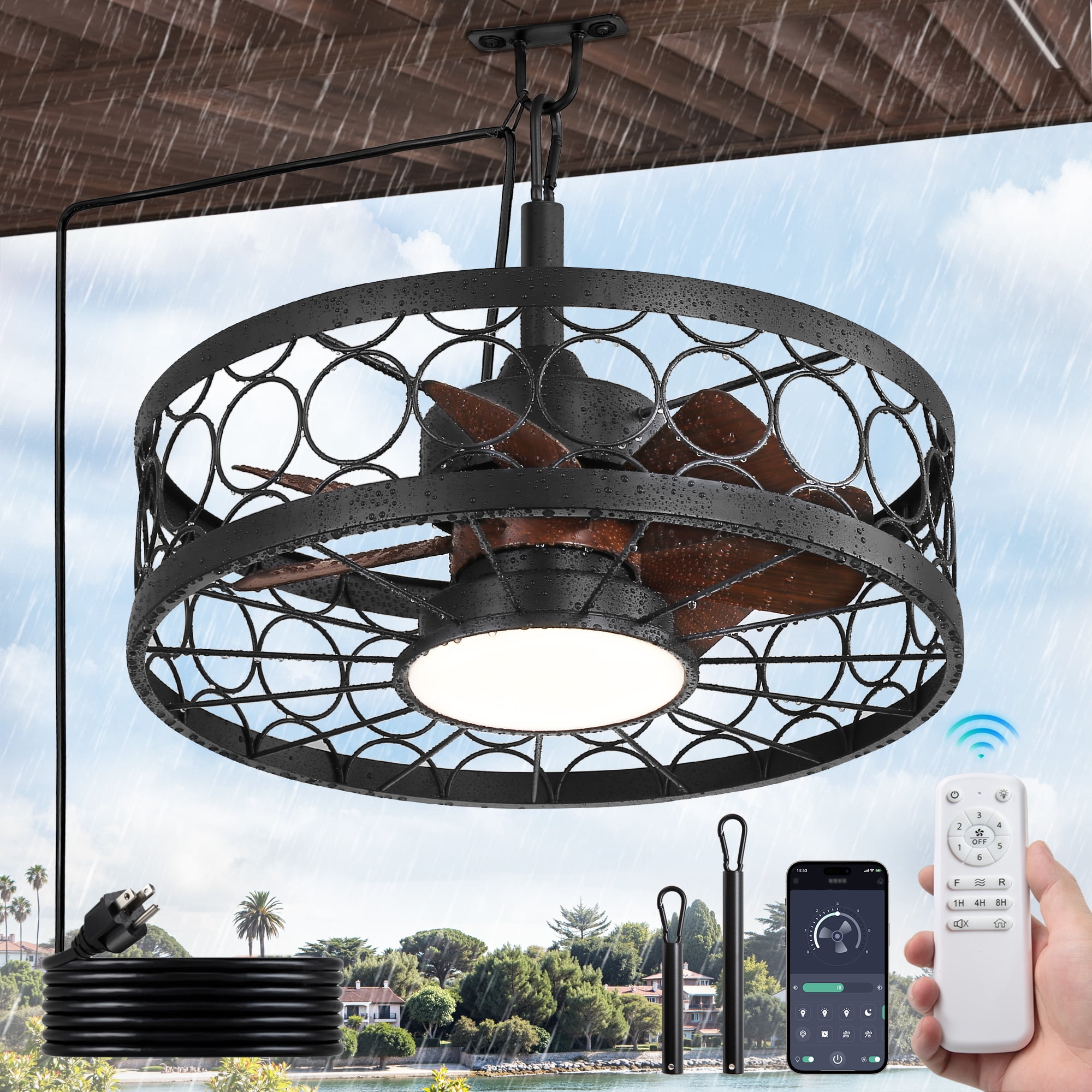 Zardon 20in Outdoor Ceiling Fans with Light and Remote Control, Caged Canopy Fan with Plug in Cord for Porch, Patio, Gazebo, Waterproof, Black