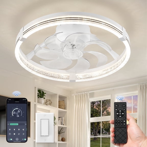 Zardon 20" Modern Low Profile Ceiling Fan with Light, APP & Remote Control, Quiet DC Motor, 6 Speeds, Timer for Living Room, White