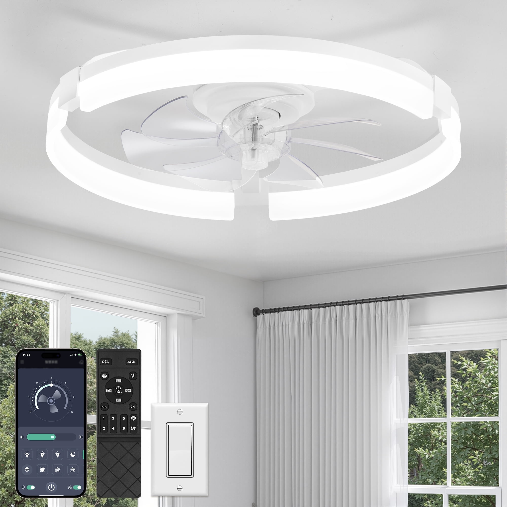 Zardon 20 inch Modern Ceiling Fan with Light and APP & Remote Control, Flush Mount Ceiling Fan, 6 Speeds, 3 Color Temperatures, Ultra Quiet DC Motor, for Bedroom, Living Room-White
