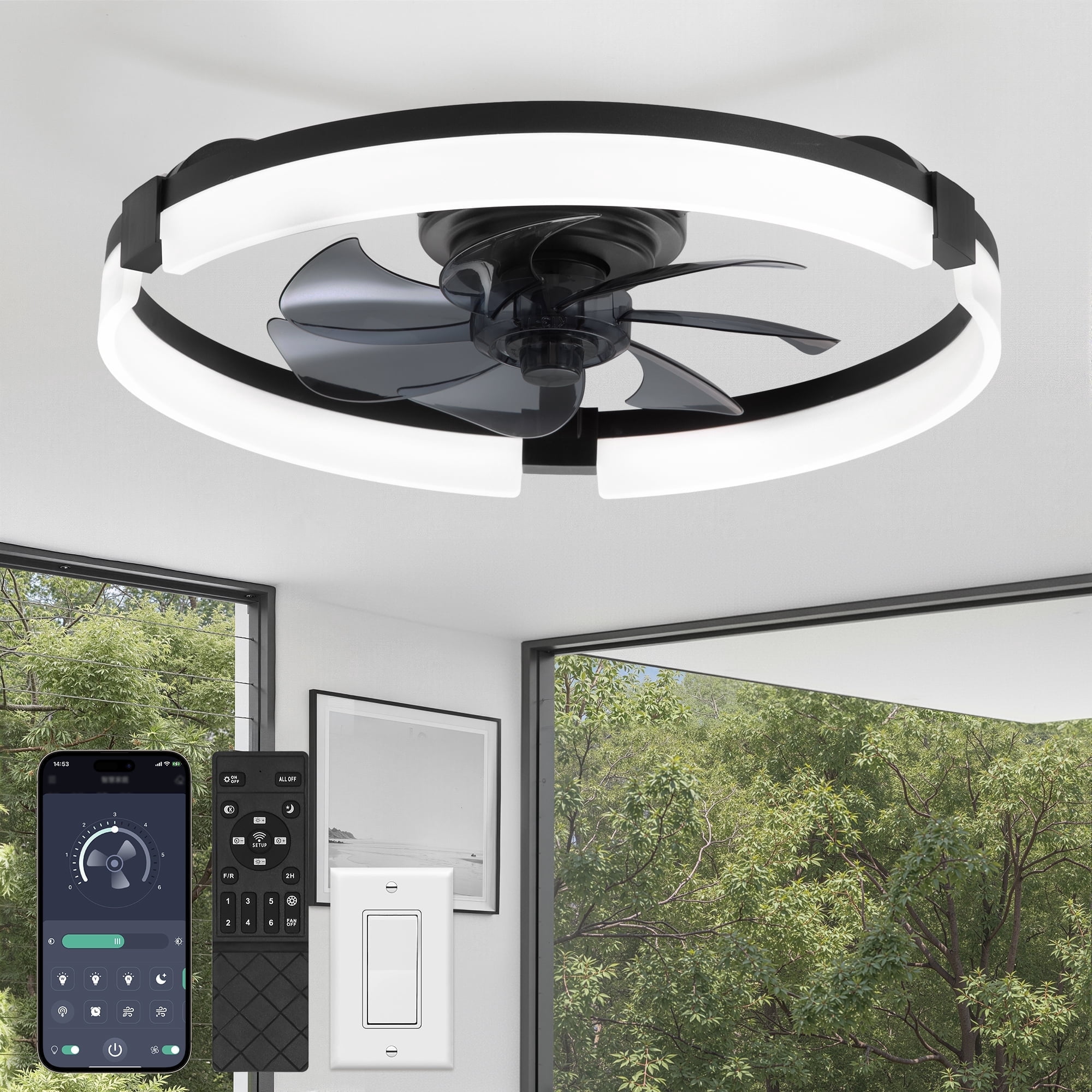 Zardon 20 inch Modern Ceiling Fan with Light and APP & Remote Control, Flush Mount Ceiling Fan, 6 Speeds, 3 Color Temperatures, Ultra Quiet DC Motor, for Bedroom, Living Room-Black