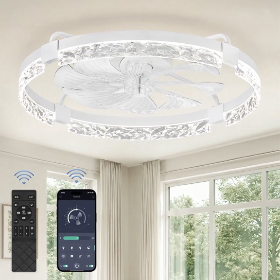 Zardon 24" White Modern Ceiling Fan with Light, Flush Mount, Quiet 6-Speed DC Motor, APP & Remote Control, Dimmable LED, Indoor Use, for Bedroom