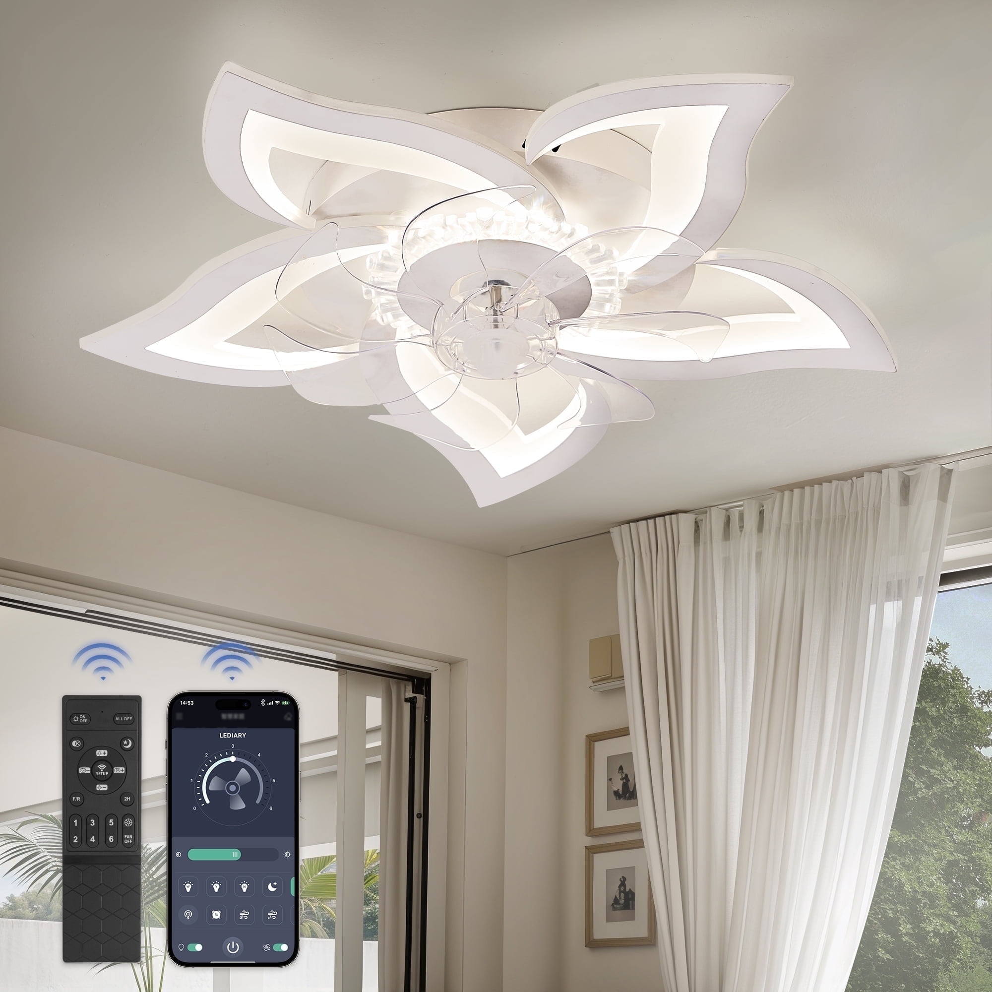 Zardon 27" Flower Ceiling Fan with LED Lights and Remote Control, Flush Mount Ceiling Fan for Indoor Bedroom Living Room, Low Profile - White