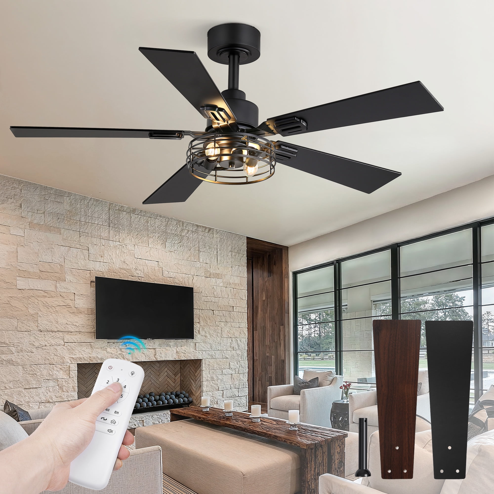 Zardon 42" Black Farmhouse Ceiling Fans with Light and Remote, Industrial Caged Fans with Quiet DC Motor, 6-Speed for Bedroom, Living Room, Indoor