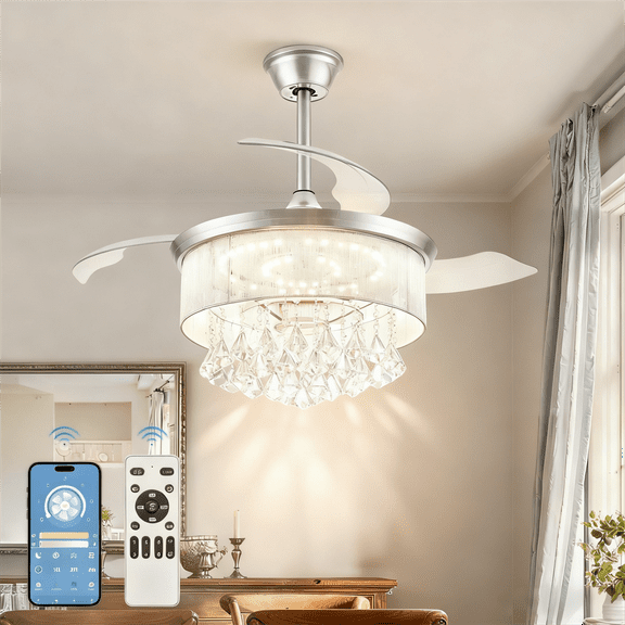 Zardon 42in Ceiling Fans with Light and Remote Control, Crystal Fandeliers with Reversible 6 Speeds, for Indoor, Nickel