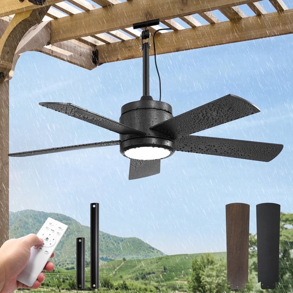 Zardon 42" Outdoor Ceiling Fan with Light & Remote, Waterproof Plug-in Ceiling fan with 6 Speeds, DC Motor, Downrod Mount for Patio, Gazebo, Pergola, Porch- Black