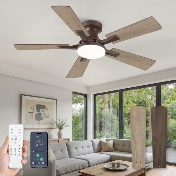 Zardon 42in Flush Mount Ceiling Fan with LED Light, Remote & App Control, 6-Speed Quiet DC Motor for Bedroom, Brown