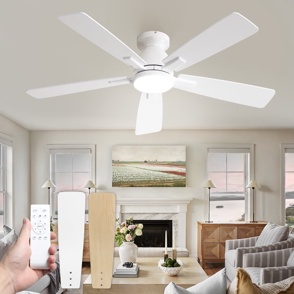 Zardon 46-Inch Ceiling Fan with Light and Remote Control, 6-Speed, Flush Mount for Indoor Use-White
