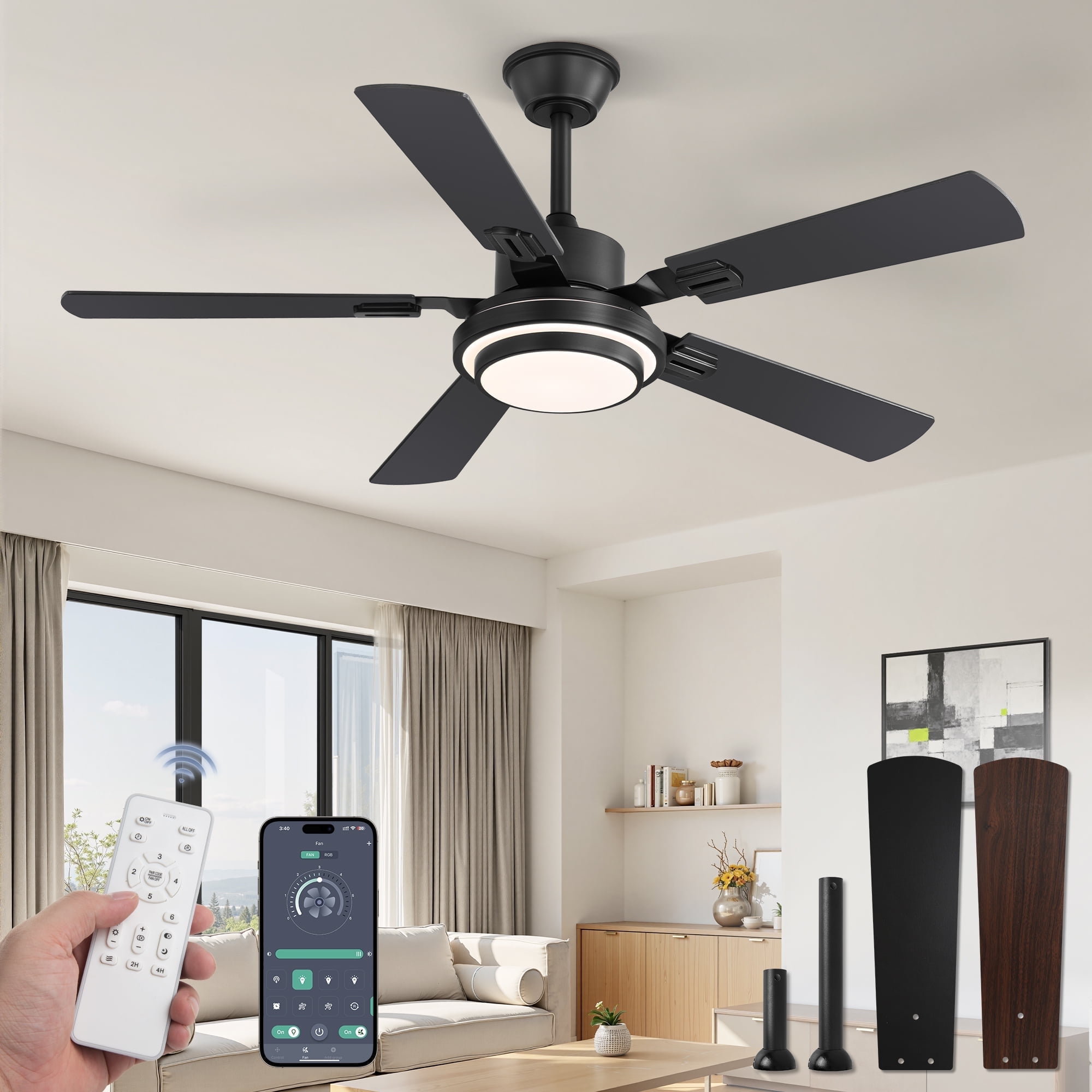Zardon 48in Ceiling Fans with Light and Remote Control, Modern Low Profile Ceiling Fans with Reversible 6 Speeds for Intdoor, Outdoor, Black