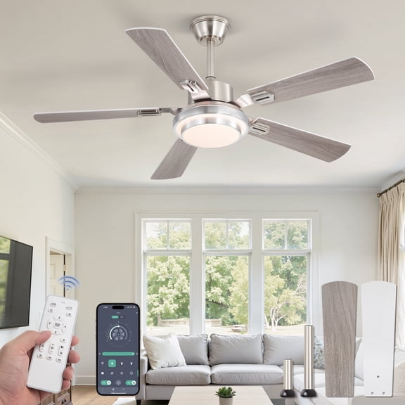 Zardon 48in Ceiling Fans with Light and Remote Control, Modern Low Profile Ceiling Fans with Reversible 6 Speeds for Intdoor, Outdoor, Nickel