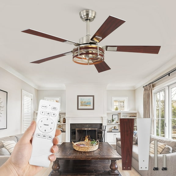 Zardon 48 Inch Farmhouse Ceiling Fan with Light and Remote Control, Quiet 6-Speed Reversible DC Motor, 5 Reversible Dual-Finish Blades for Indoor, Redwood Nickel