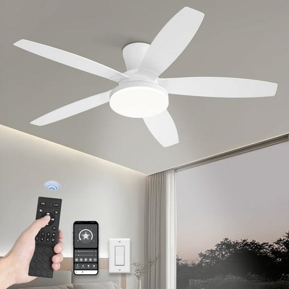Zardon 48in Ceiling Fans with Light and Remote Control, Flush Mount Ceiling Fans with Reversible 6 Speeds, for Indoor, Outdoor, White