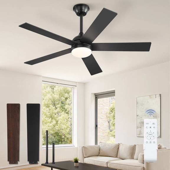 Zardon 48in Ceiling Fans with Light and Remote Control, Modern Flush Mount Ceiling Fans with 6-Speed for Indoor, Outdoor, Black