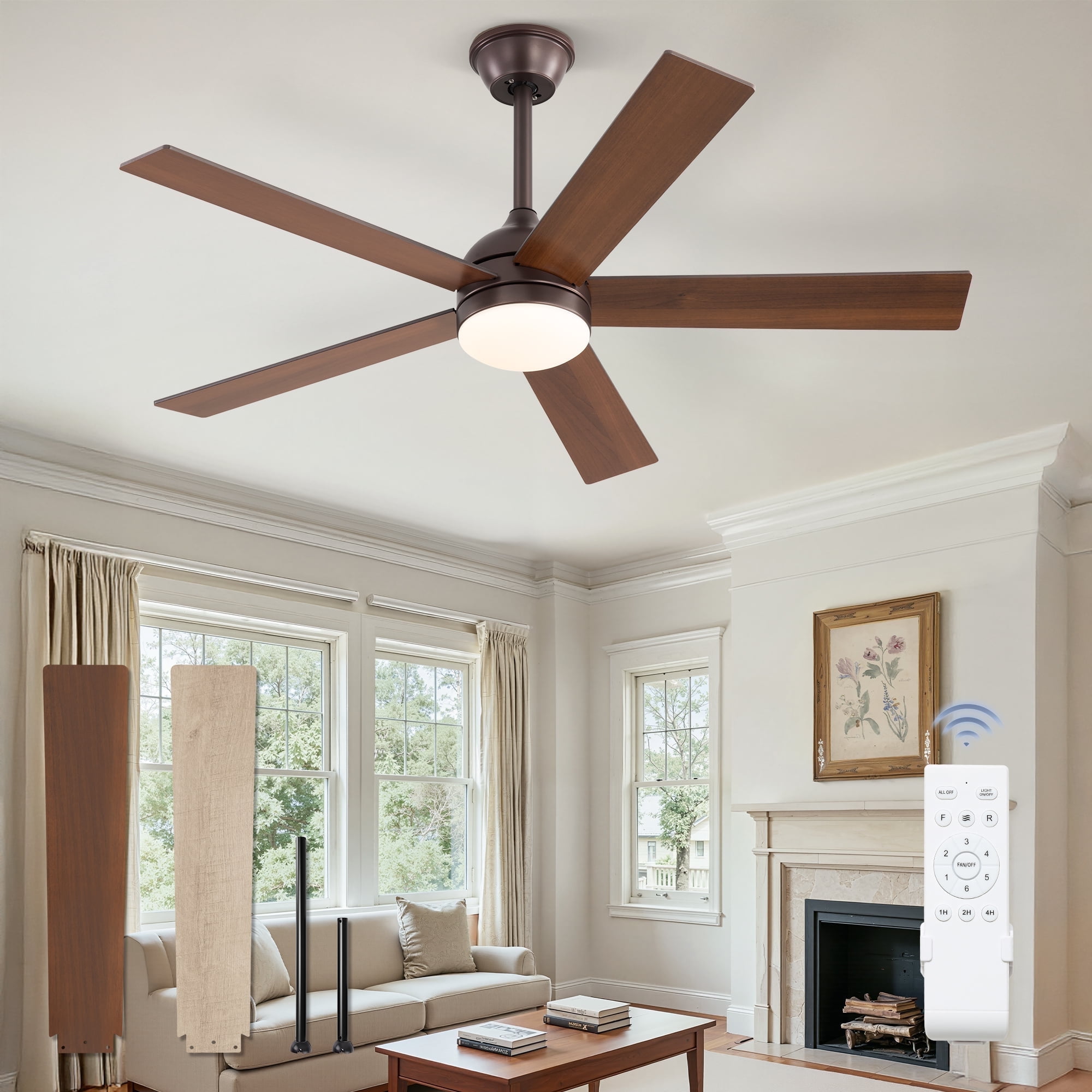 Zardon 48in Ceiling Fans with Light and Remote Control, Modern Flush Mount Ceiling Fans with 6-Speed for Indoor, Outdoor, Brown