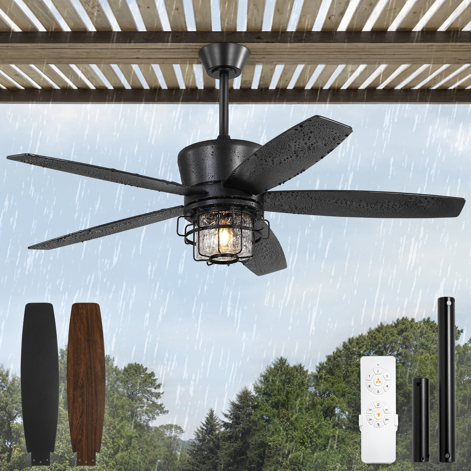 Zardon 52" Gazebo Fan for Patio, Outdoor Ceiling Fan with LED Light and Remote, Farmhouse IP65 Waterproof for Porch, Quiet DC Motor and 6 Speeds, Black