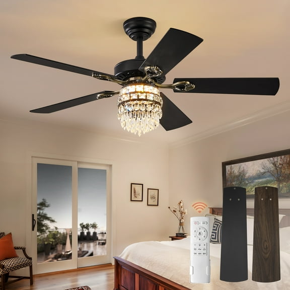 Zardon 52" Crystal Ceiling Fans with Light and Remote Control, Fandeliers with Reversible 6-Speed for Indoor, Black