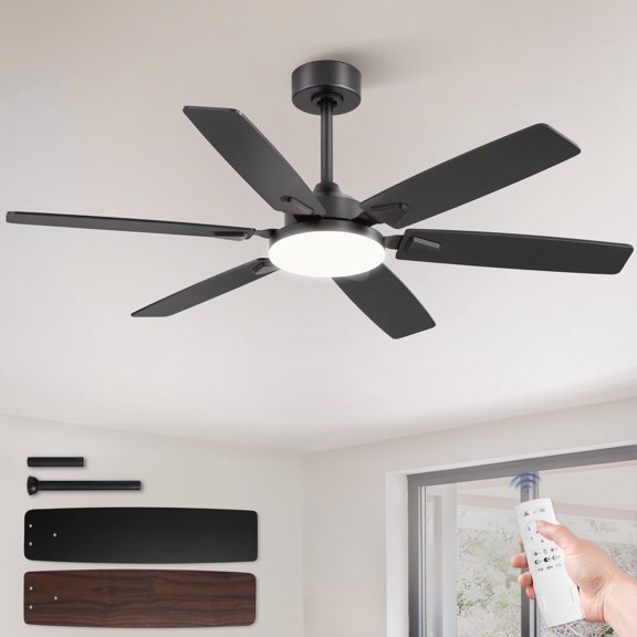 Zardon 52in Ceiling Fan with Light, 6 Speeds Remote Control, Reversible Blades, Silent DC Motor, for Living Room Bedroom, Black