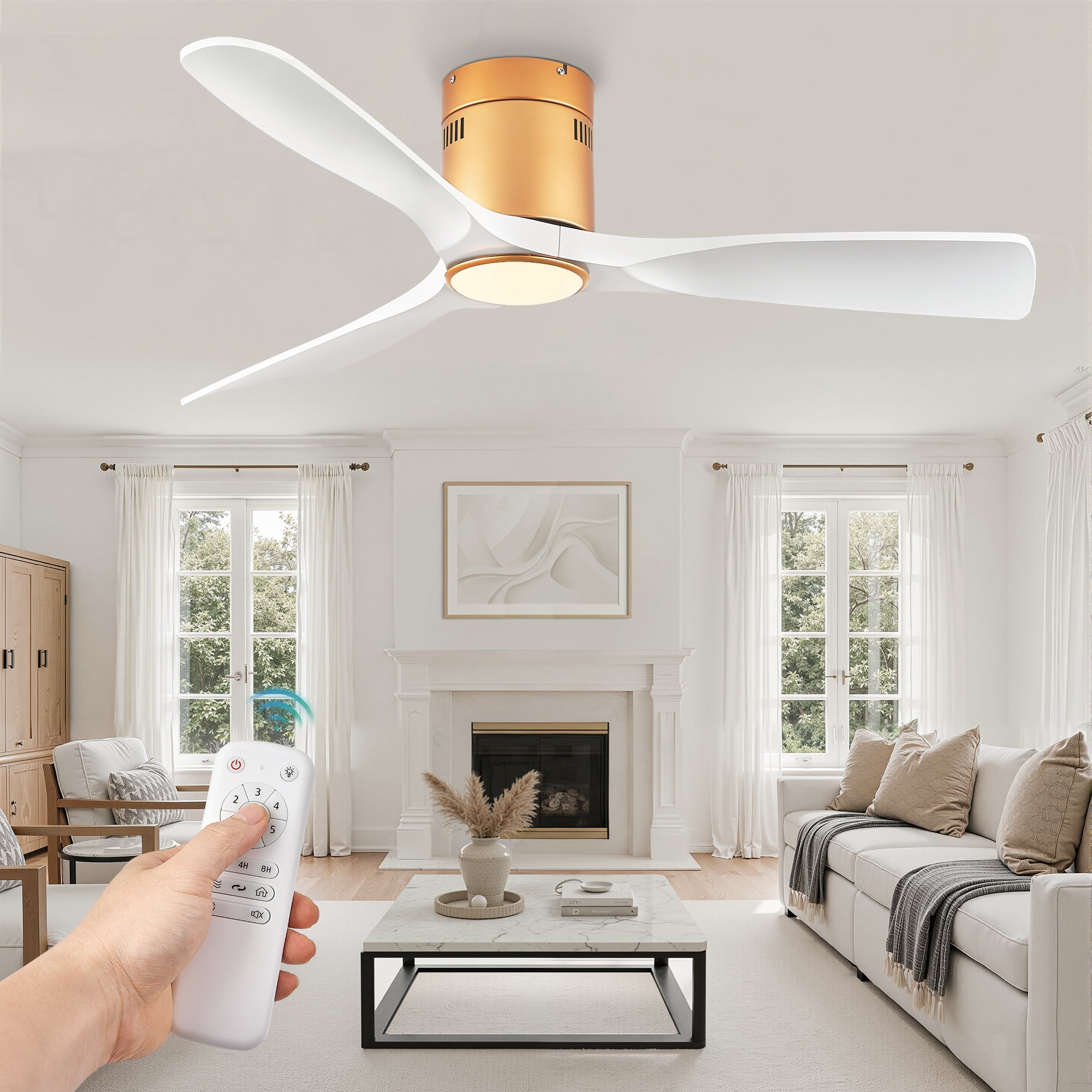 Zardon 52in Ceiling Fans with Remote Control and Light, 6 Speeds Reversible DC Motor, for Bedroom, Living Room, Indoor, Outdoor, White and Gold