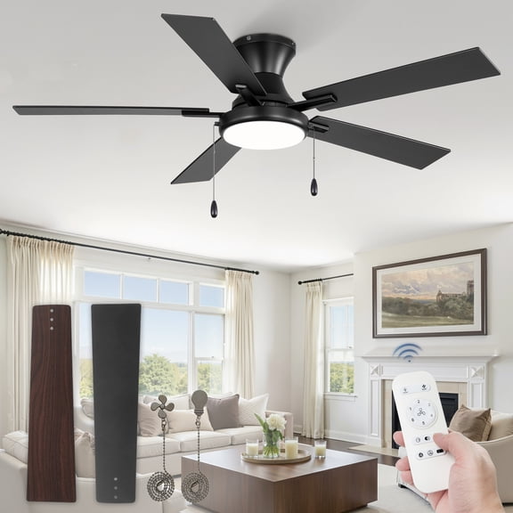 Zardon 52" Modern Ceiling Fan with Light and Remote Control & Dual Pull-Chain, Black Ceiling fans for Bedroom Living Room Indoor, 6 Speed, Ultra-Quiet DC Motor
