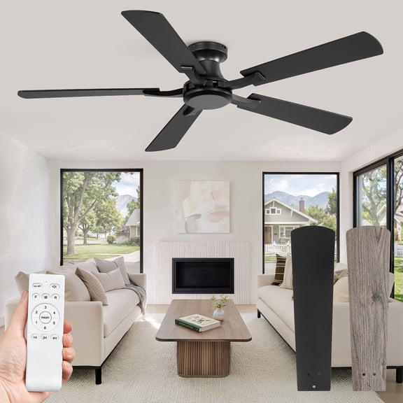 Zardon 52" Black Flush Mount Ceiling Fan, Remote Control, 6-Speed Adjustment, Quiet Reversible DC Motor for Indoor Use