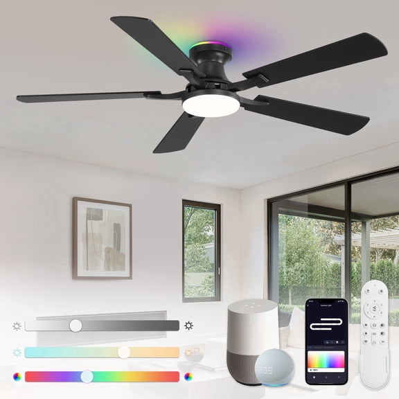 Zardon 52in Modern RGB Integrated LED Indoor Quiet DC Motor Ceiling Fan with Light, Remote Control and APP Control