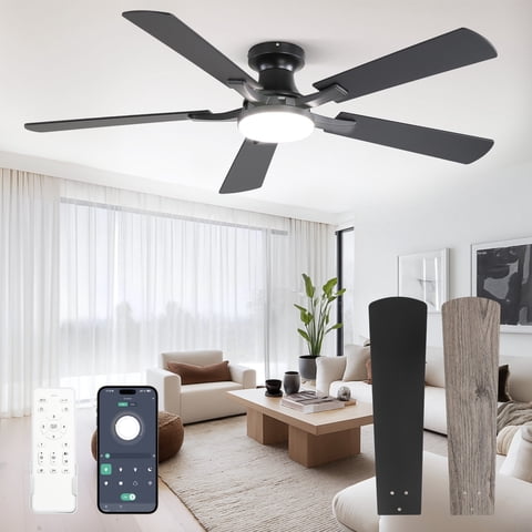 Zardon 52 inch Ceiling Fan with Light, Flush Mount Low Profile, App & Remote Control, 6-Speed Quiet DC Motor for Bedroom, Living Room, Black
