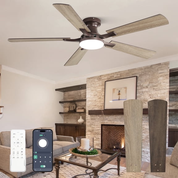 Zardon 52 inch Ceiling Fan with Light, Flush Mount Low Profile, App & Remote Control, Dimmable 6-Speed, Quiet Reversible DC Motor for Bedroom, Living Room, Oil Bronze