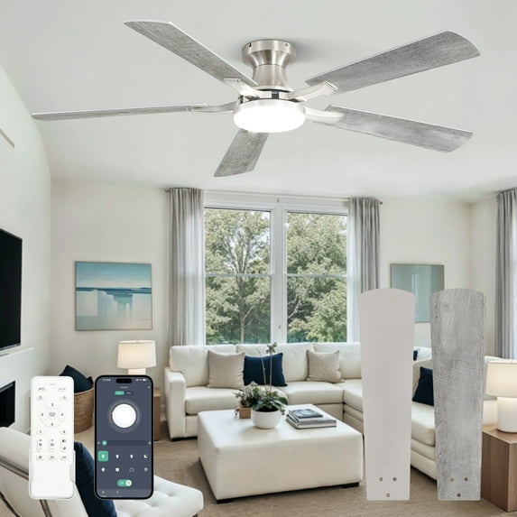 Zardon 52 inch Ceiling Fan with Light, Flush Mount Low Profile, App & Remote Control, Dimmable 6-Speed, Quiet Reversible DC Motor for Bedroom, Living Room, Nickel