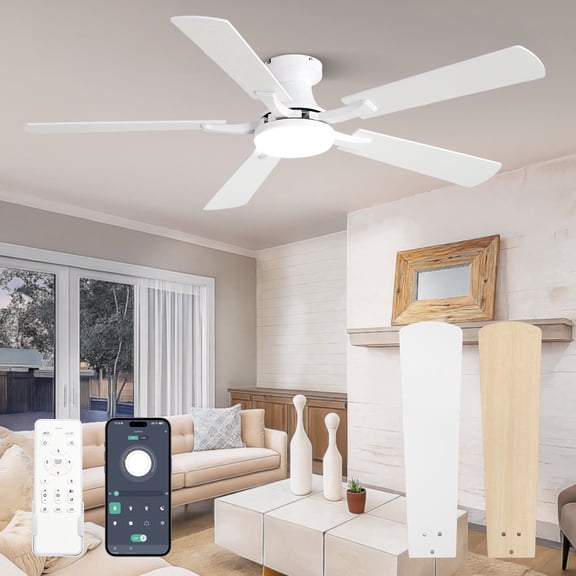 Zardon 52 inch Ceiling Fan with Light, Flush Mount Low Profile, App & Remote Control, 6-Speed Quiet DC Motor for Bedroom, Living Room, White
