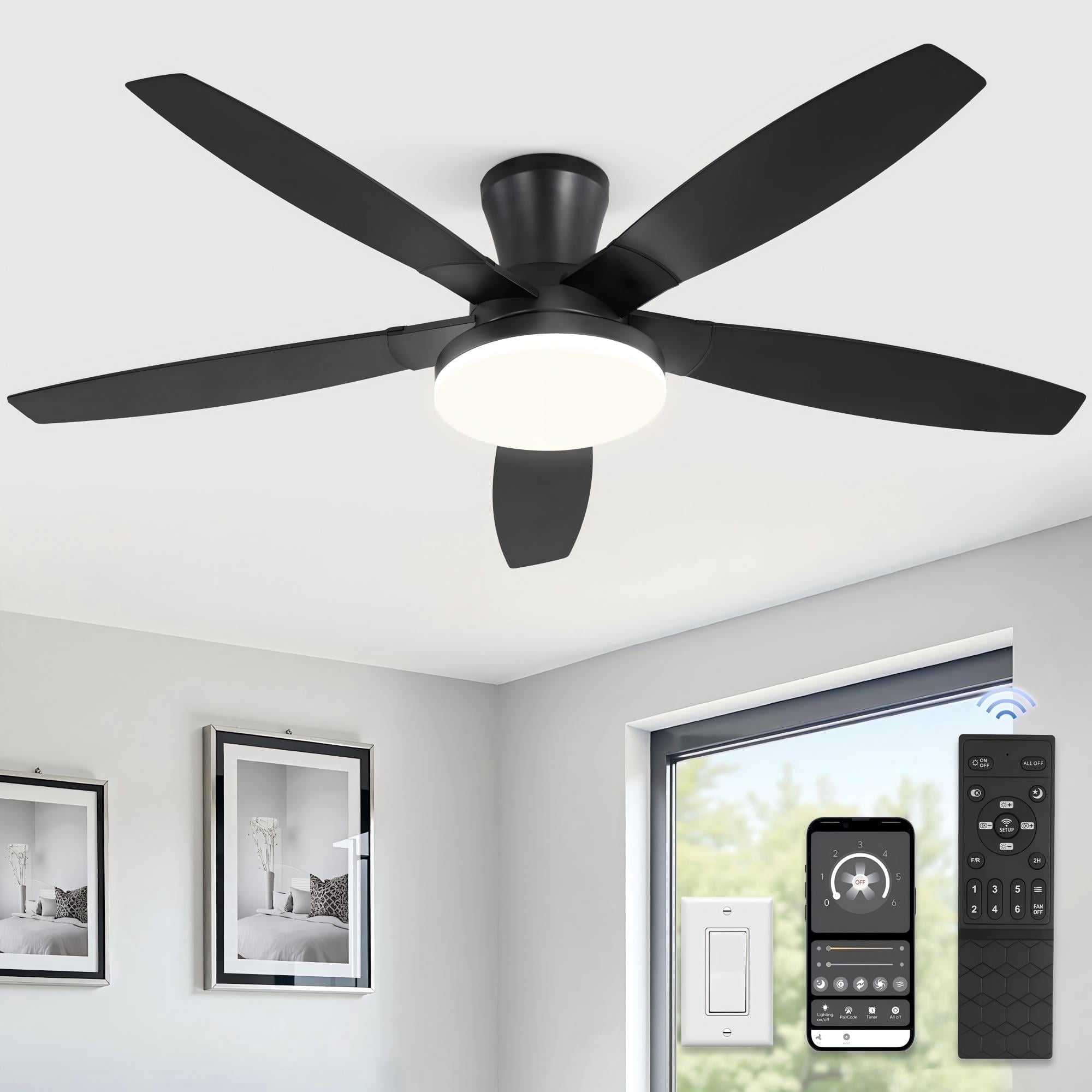 Zardon 52in Ceiling Fans with Light and Remote Control, Flush Mount Ceiling Fans with Reversible 6 Speeds, for Indoor, Outdoor, Black