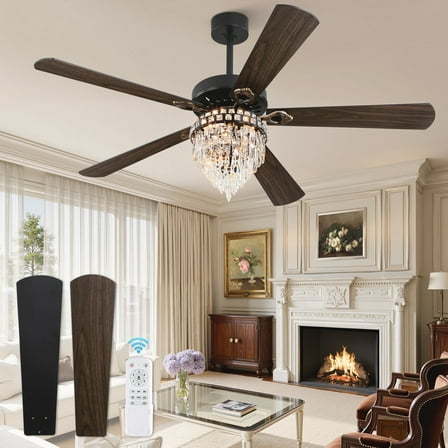 Zardon 60" Crystal Ceiling Fans with Light and Remote Control,  Fandeliers with Reversible 6-Speed, for Indoor, Black