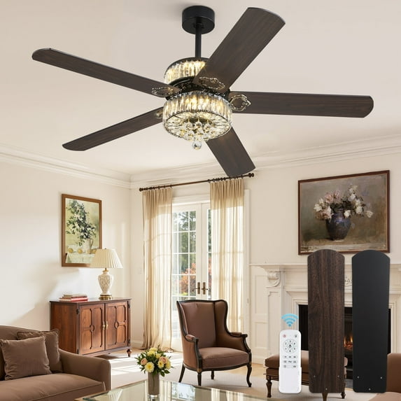 Zardon 60" Crystal Ceiling Fans with Light and Remote Control, Fandeliers Ceiling Fans with Reversible 6-Speed, for Indoor, Black