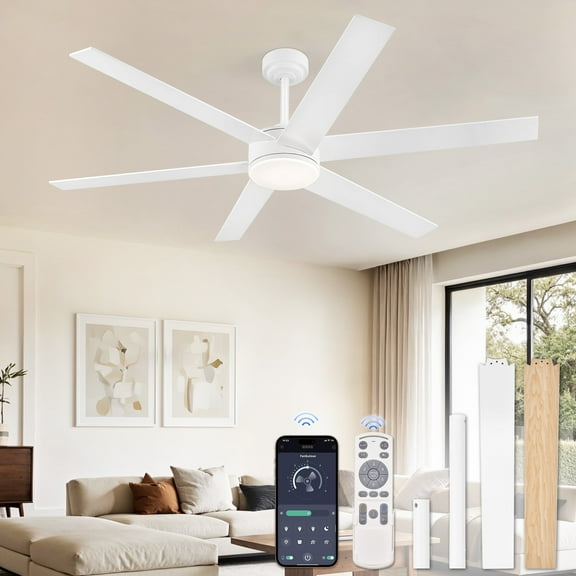 Zardon 60in Ceiling Fans with Light and Remote Control, Flush Mount Ceiling Fans with 6 Speeds Reversible, for Indoor, Outdoor, White