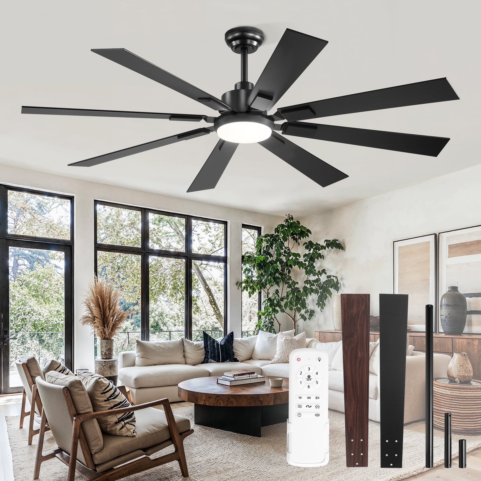 Zardon 62 inch Ceiling Fan with Light and Remote Control - Quiet DC Motor, 6 Speeds, Dual Finish Blades for Indoor Use - Black