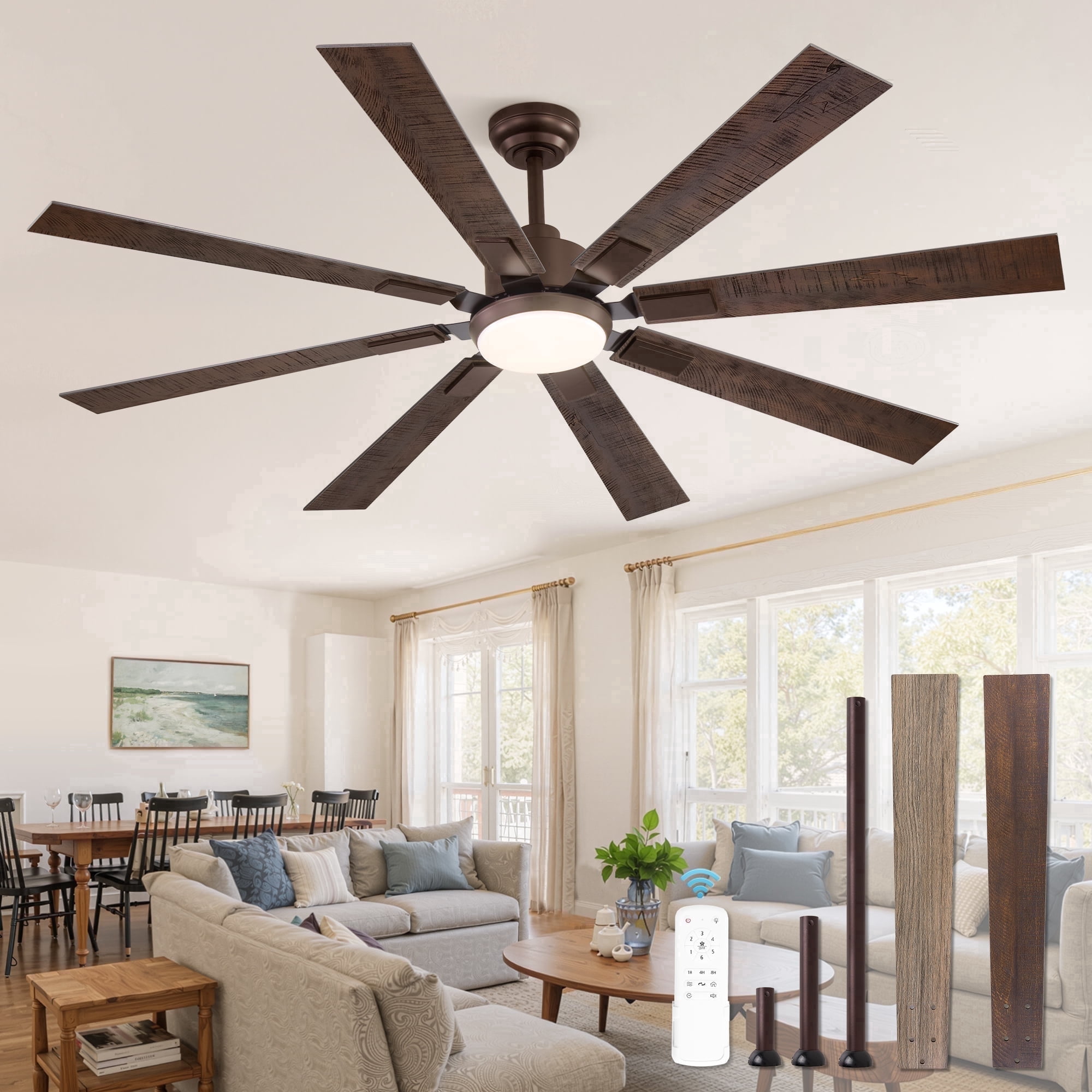 Zardon 62 inch Ceiling Fan with Light and Remote Control - Quiet DC Motor, 6 Speeds, Dual Finish Blades for Indoor Use - Oil Bronze