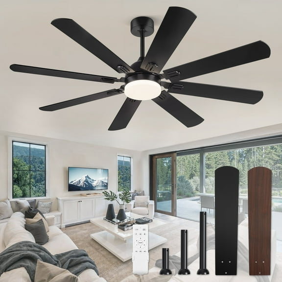 Zardon 62" Black Modern Ceiling Fan with Light and Remote Control, Reversible Quiet DC Motor, Bright LED Light, 6-Speed, Timer for Bedroom, Living Room