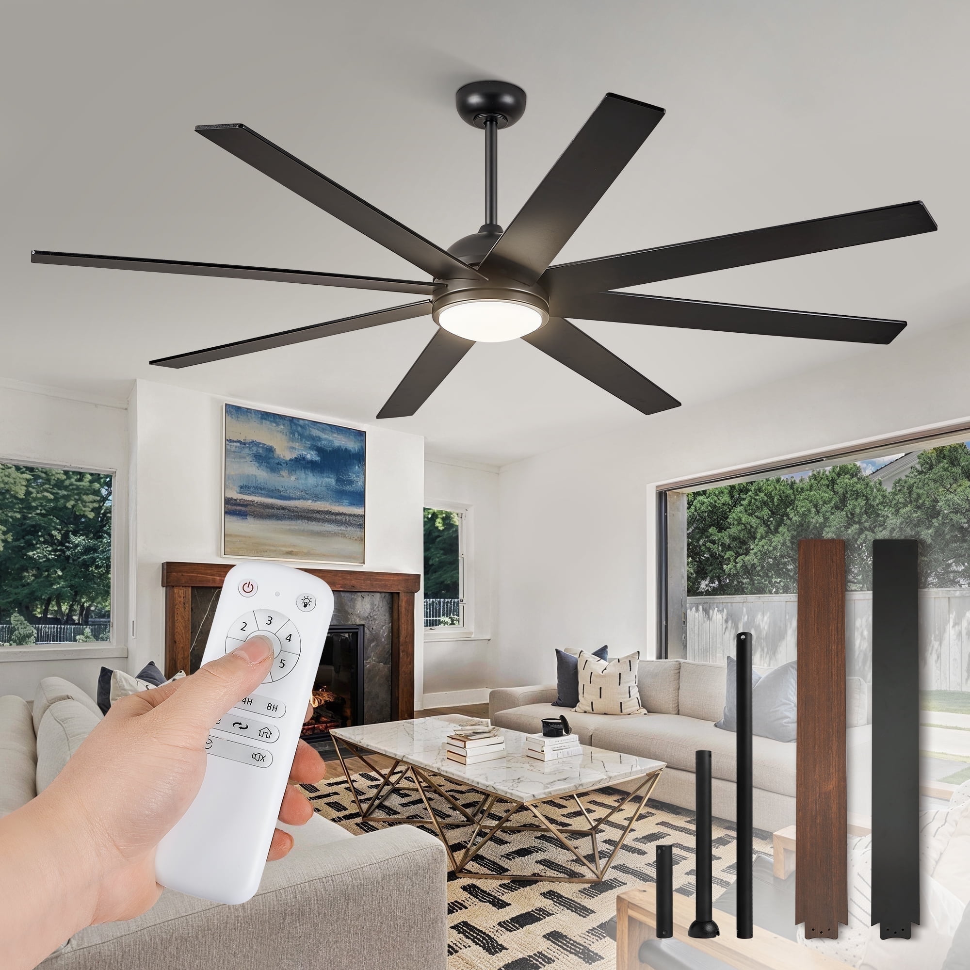 Zardon 65in Ceiling Fans with Light and Remote Control, Flush Mount Ceiling Fans with 6-Speed for Indoor, Outdoor, Black