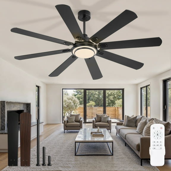Zardon 65in Ceiling Fans with Light and Remote Control, Modern Large Ceiling Fans with Reversible 6 Speeds for Intdoor, Outdoor, Black