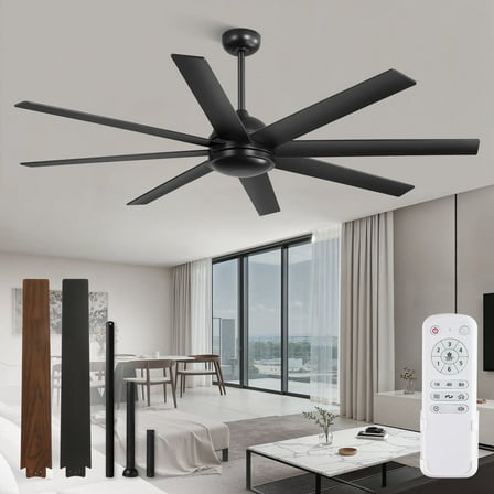 Zardon 65in Ceiling Fans No Light with Remote Control, Modern Ceiling Fan with 8 Reversible Blades, 6 Speed, for Indoor Outdoor, Black