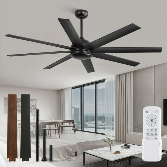 Zardon 65in Ceiling Fans No Light with Remote Control, Modern Ceiling Fan with 8 Reversible Blades, 6 Speed, for Indoor Outdoor, Black