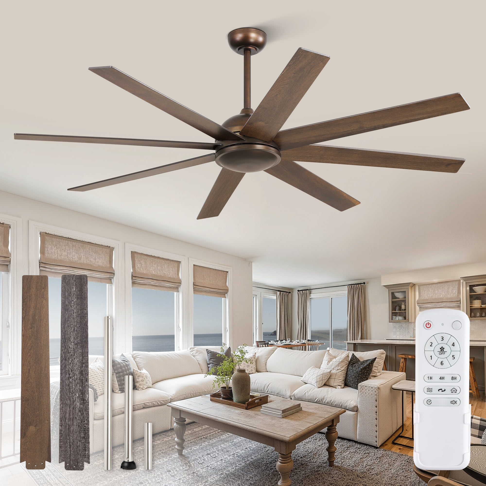 Zardon 65in Ceiling Fans No Light with Remote Control, Modern Ceiling Fan with 8 Reversible Blades, 6 Speed, for Indoor Outdoor, Bronze