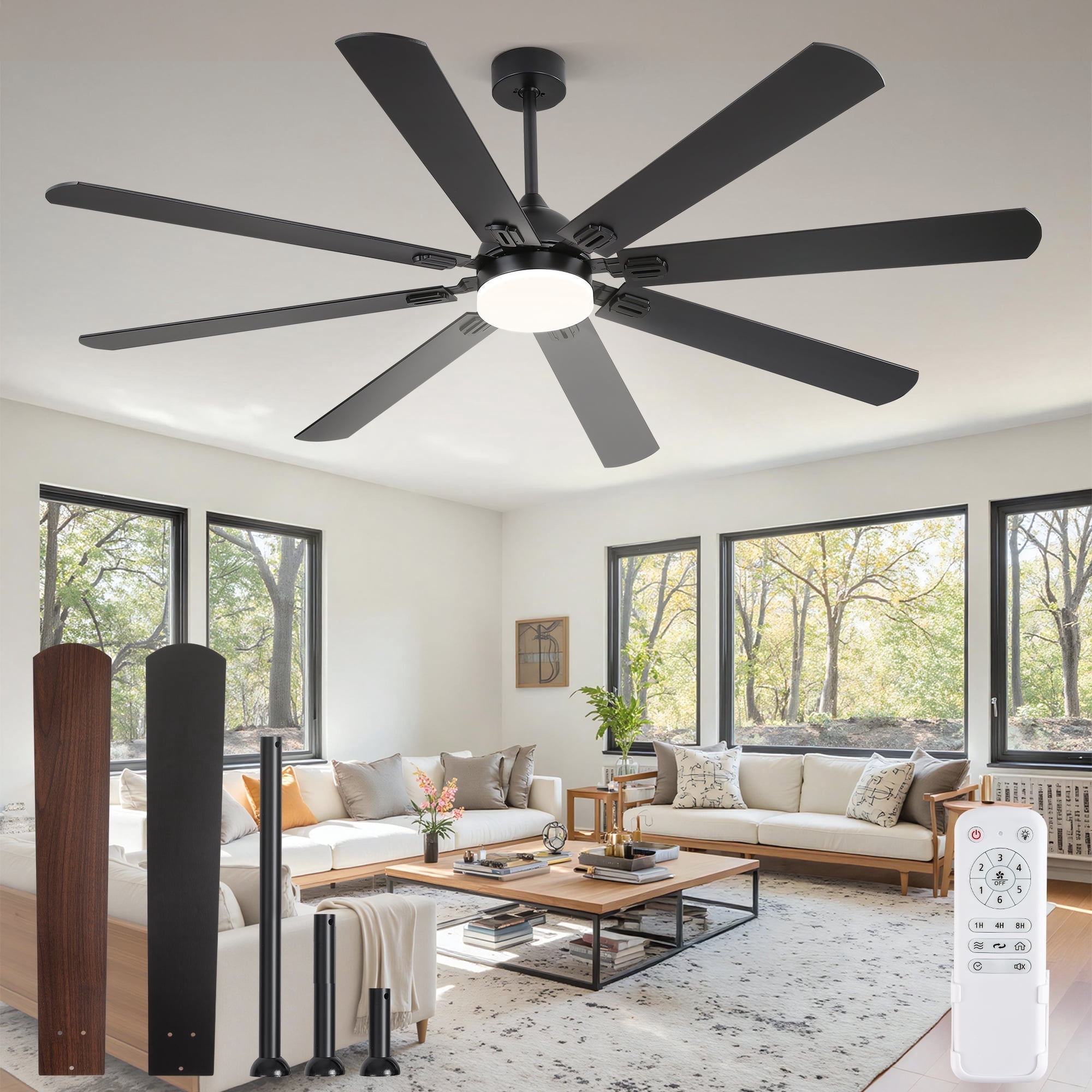Zardon, Black Modern Ceiling Fan with Light and Remote, 72
