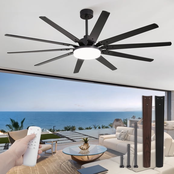 Zardon 72" Industrial Modern Ceiling Fan with LED Light and Remote, 10 Black Blades, Quiet Reversible DC Motor with 6-Speed for Large Room, Indoor
